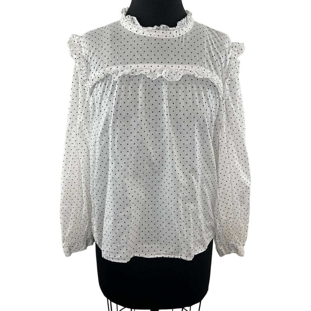 Madewell Mockneck Ruffled Long Sleeve Top Flocked Dot White/Black AD657 XL